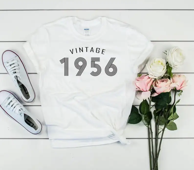 

Glitter gold 65th birthday shirt 1956, retro T-shirt, can be customized for any year, summer casual 100% cotton unisex shirt