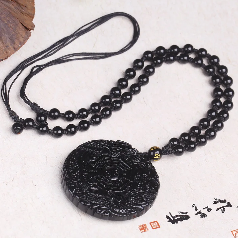 Натуральный черный обсидиан ручная резьба китайский дракон феникс Багуа