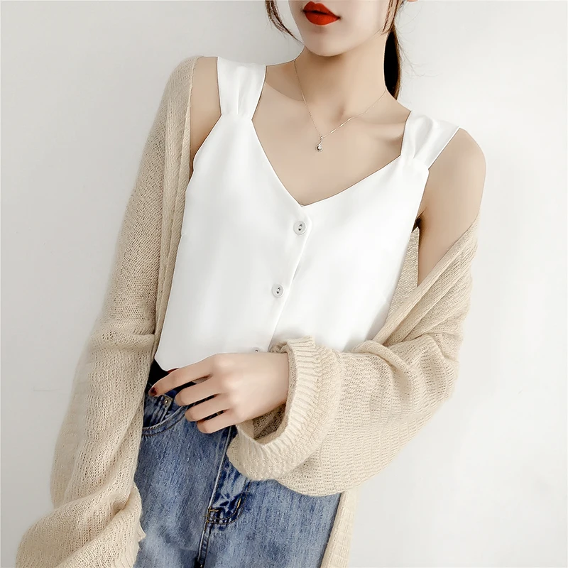 

2021 Fashion Chiffon Women Camis Streetwear Sexy Halter Tops Sleeveless Black Female Tank Tops Plus Size Spaghetti Strap Top