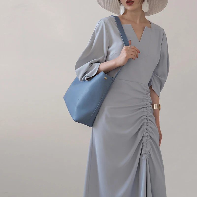 GALCAUR Drawstring Ruched женские платья три четверти рукав с высокой талией Асимметричные осенние платья Женская мода одежда