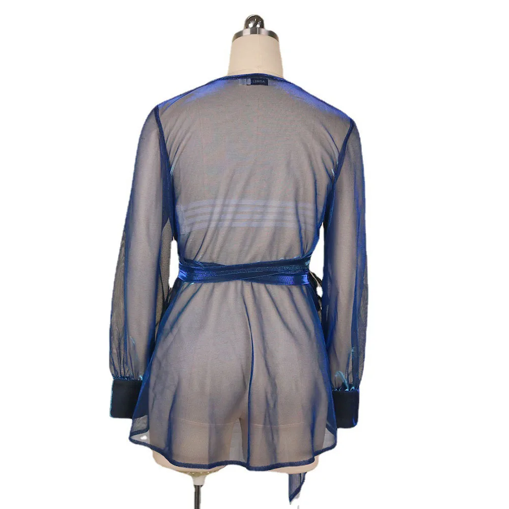 

Western Style Sexy Perspective Solid Color Long Sleeve Ruffle Bandage Casual Blouse Fashion Oversize V-neck All-match