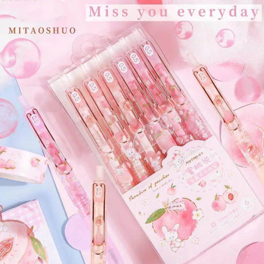 6PCS/SET 0.5mm Gel Pens Kit kawaii Pink Peach Cute Black Pen Sakura Writing Tool School Supplies korean Stationery Metal Clip