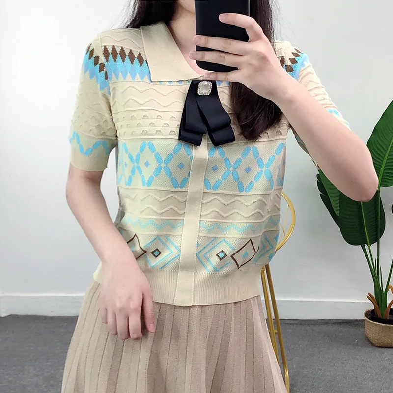 

Топ женский трикотажный с коротким рукавом, элегантный пуловер из вискозы, с вырезами, во французском стиле, изящный свитер, E0, лето