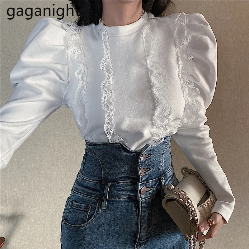

Gaganight Women Shirt 2021 Autumn Winter New French Retro Sweet Lace Stitching Bottoming Shirt Female O-neck Puff Sleeve T-shirt