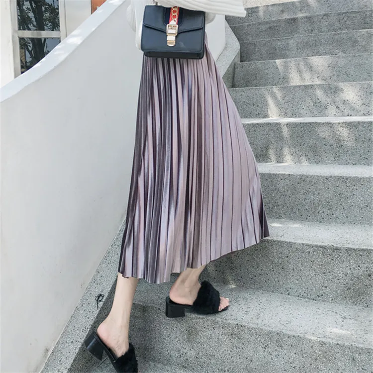 

Large size M-4XL Large size skirt fat mm200 kg mid-length autumn and winter bright velvet was thin pleated skirt