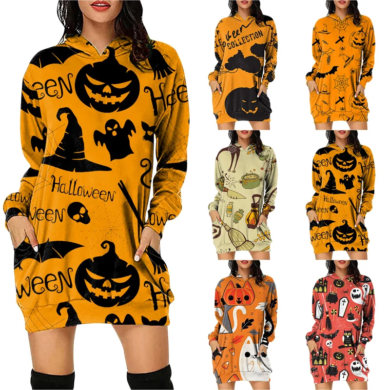 

Kayotuas Women Dress Halloween Costumes Cartoon Pumpkin Orange Ghost Letter Print Casual Bodycon Pencil Hooded Collar Streetwear