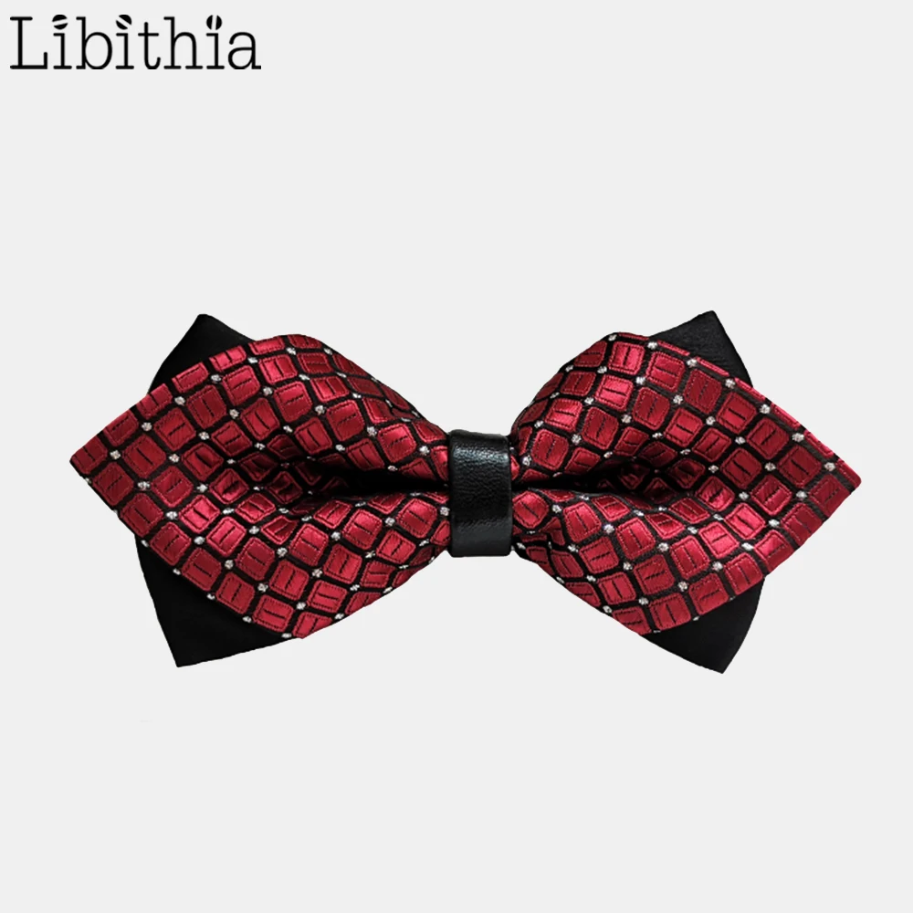 

Men Bowtie Good Quality Wedding Party Dark Red Dot Plaid Patchwork Pattern Fashion Suits Accessory 04