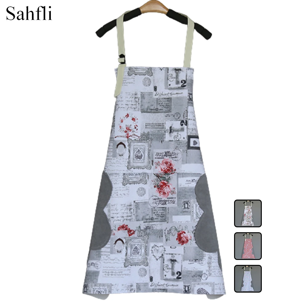 

Korean Style with Hand-wiping Area Rose Floral Cartoon Pattern Waterproof and Antifouling PVC Adult Sleeveless Apron Adjustable
