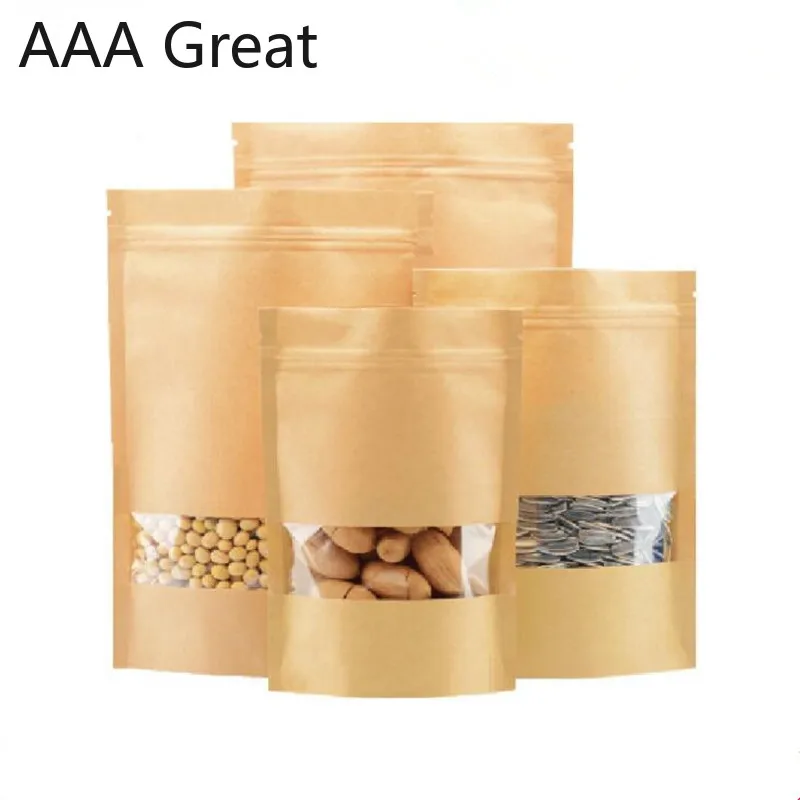 

100Pcs/Lot Kraft Paper Bag Stand Up Kraft Paper Packaging Nuts Bags Party Wedding Marriage Candies Food Window Package Pouches