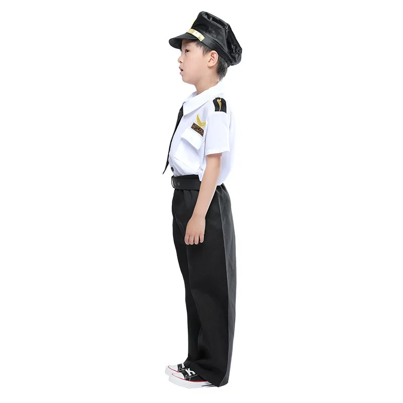 Halloween Cosplay Boys Kid Clothes Pilot Captain Uniform Matching Hat Belt Toys 4T-9T Carnival Role Play Prom Gown Costume |
