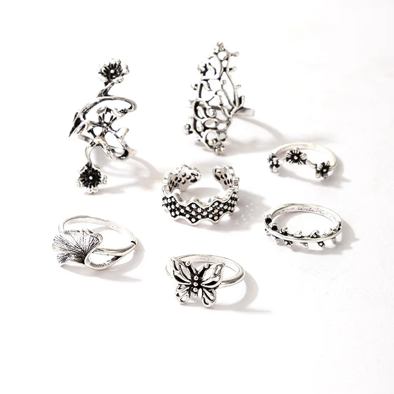 

New European Jewelry Rings Bohemian Wind Leaf Hollow Out Flower Butterfly Finger Rings 7 Pcs Joint Rings Jewellery For Womens