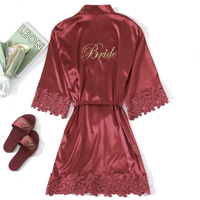 Champagne Bride Bridesmaid Wedding Robe Lace Sleepwear Home Wear Sexy Satin Bathrobe Gown Female Nightdress Intimate Lingerie