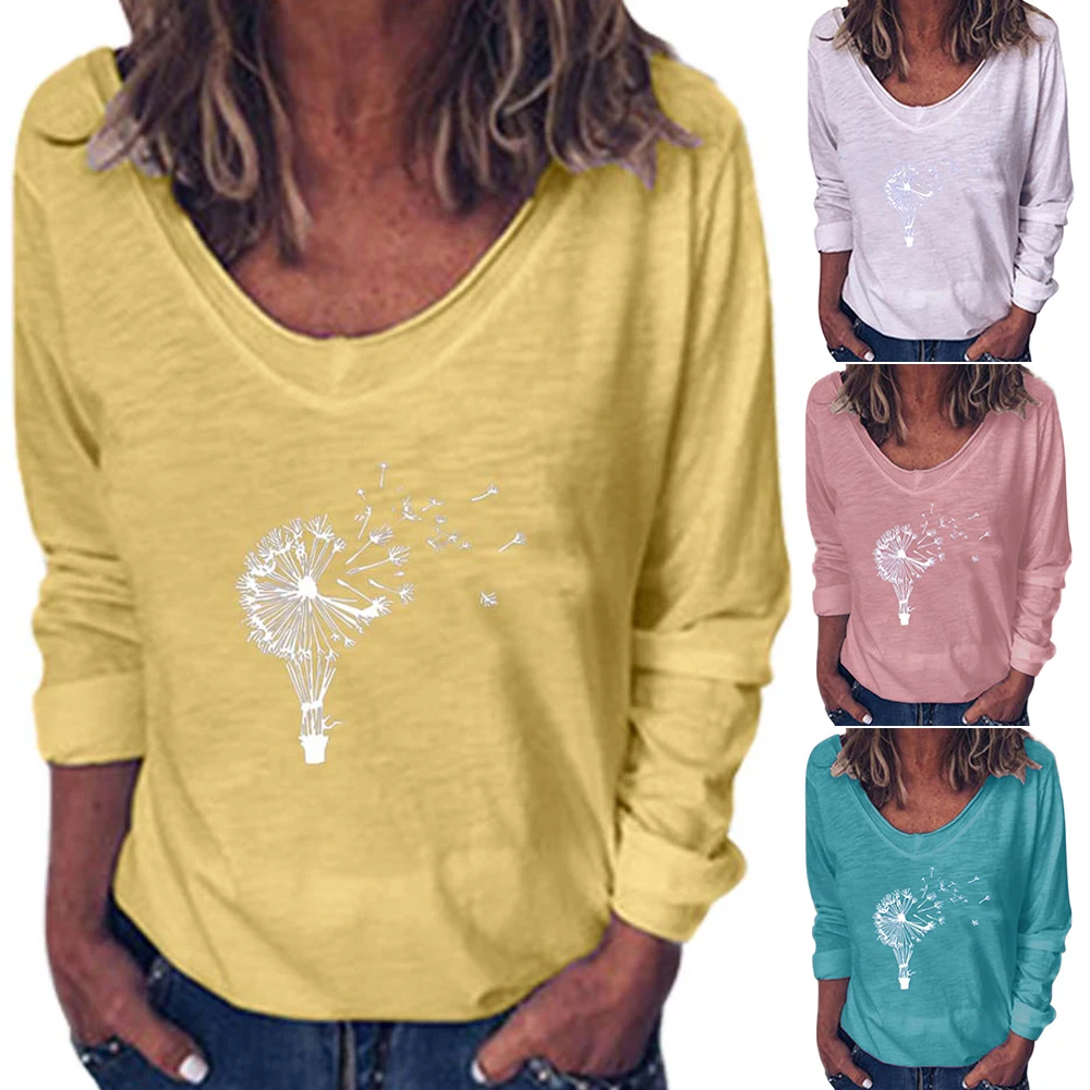 

Plus Size Women Tshirt Cotton Blend V-neck Women's Long Sleeve Top Pullovers Printed Loose Tee Top Autumn Female t Shirt
