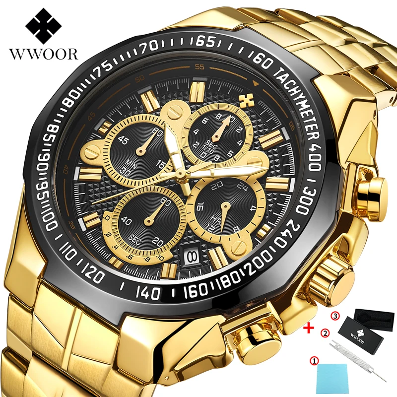 black gold WWOOR, новинка, роскошные Брендовые мужские часы, ремешок из нержавеющей стали, спортивные водонепроницаемые часы, мужские кварцевые часы, часы для отдыха - Цвет: black gold