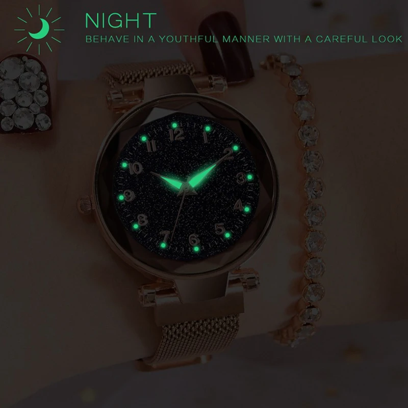 

Fashion Women's Starry Sky Watches Magnetic Buckle Mesh Belt Analog Quartz Watch Women Dress Luminous Clock relogio feminino