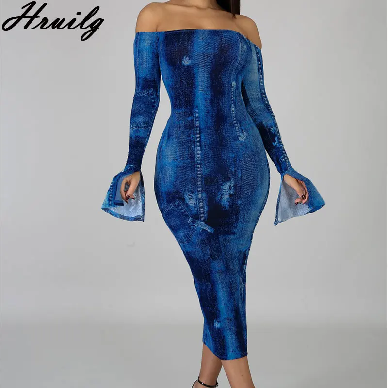 

Backless Dress Flare Sleeve Slash Neck Print High Waist Fashion Sexy Dresses Party Night Club Autumn Off Shoulder Women Clothes