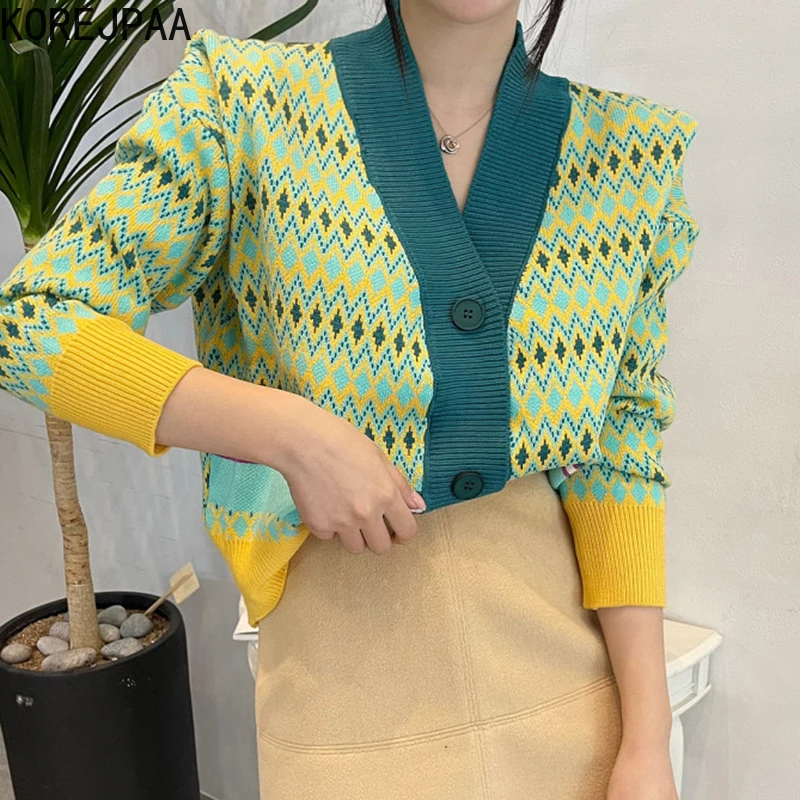

Корейские женские свитера jpaa осень 2021 корейский шикарный в западном стиле с V-образным вырезом контрастные однобортные свободные вязаные а...