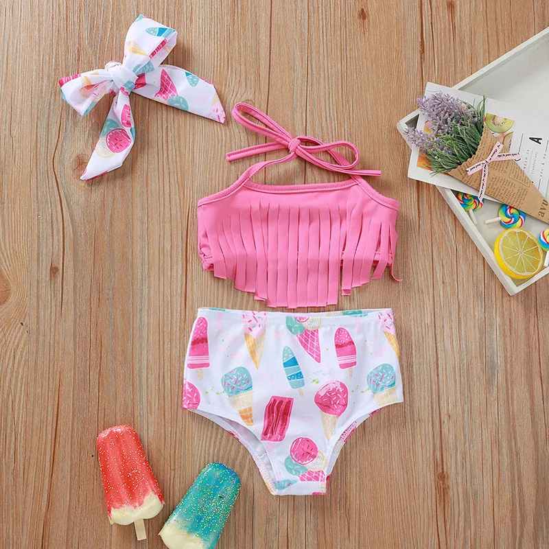 

Summer Baby Girl Swimwear Cute Toddler Kid Baby Girls Tassel Bikini Set Fruit Swimwear Swimsuit Headband Suit 3pcs 0-3Y