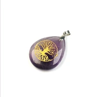ethnic style silver plated water drop amethysts stone pendant rock crystal tree of life jewelry