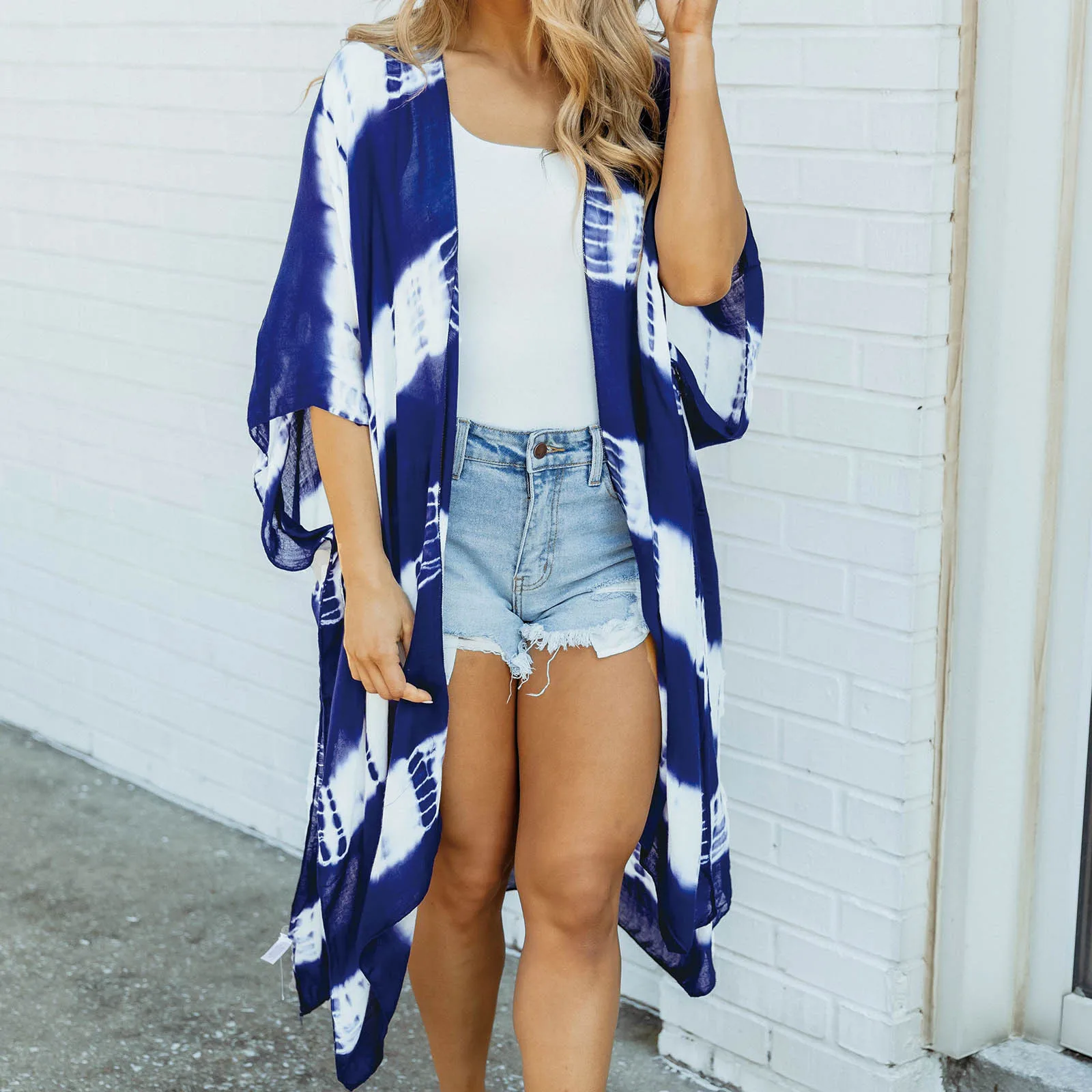 

2021 пончо женские солнцезащитный крем Повседневное лёгкой струящейся ткани кимоно кардиган открытой передней тай-дай принтованная шифонов...