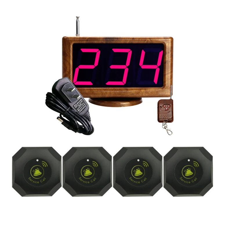 Wireless Calling System 1 Host LED Screen Digital Display Receiver + 4 Buttons Long Distance Transmitters For Restaurant Cafe