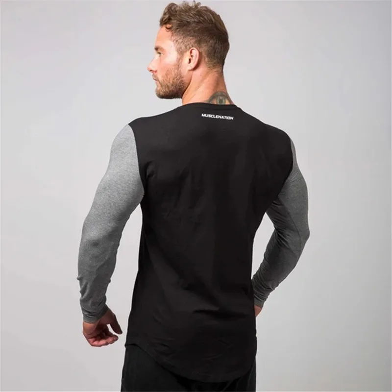 Футболка мужская облегающая с длинным рукавом хлопок пэчворк для спортзала