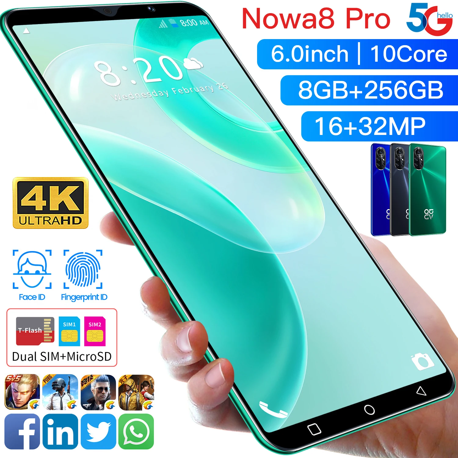 

Global New Version Nowa8 pro 6.0 Inch screen 4800mAH Battery MTK6889 10 Core Face Unlock mobile phone 4G/5G Net-work Smartphone