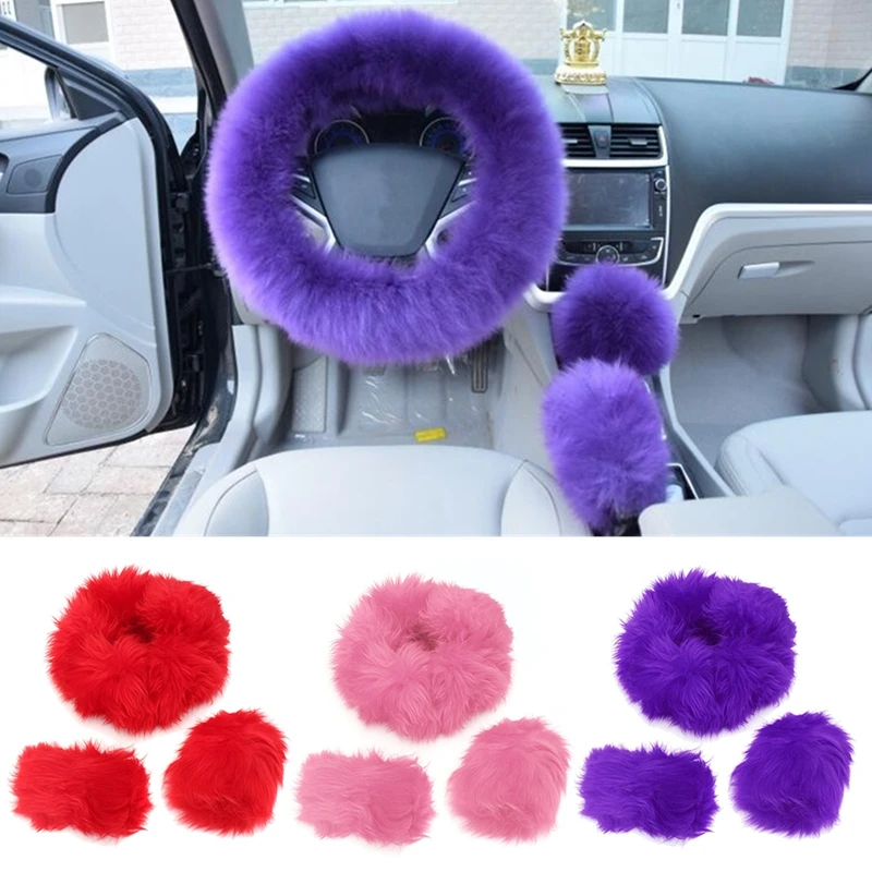 

36-38cm Steering Covers Car Steering Wheel Cover Purple Red Pink Winter Furry Diameter for Most Standard Steering Wheels