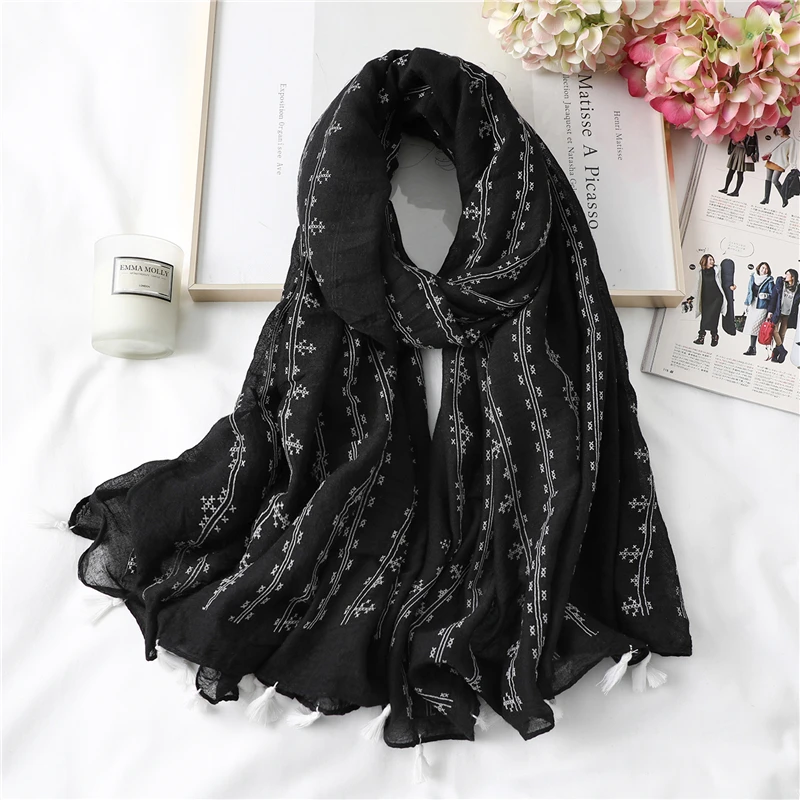 

High Quality Cotton Women Scarf Hijab Shawls Lady Wraps Solid Embroidery Foulard Warm Pashmina Femme Winter Scarves Bufanda 2021