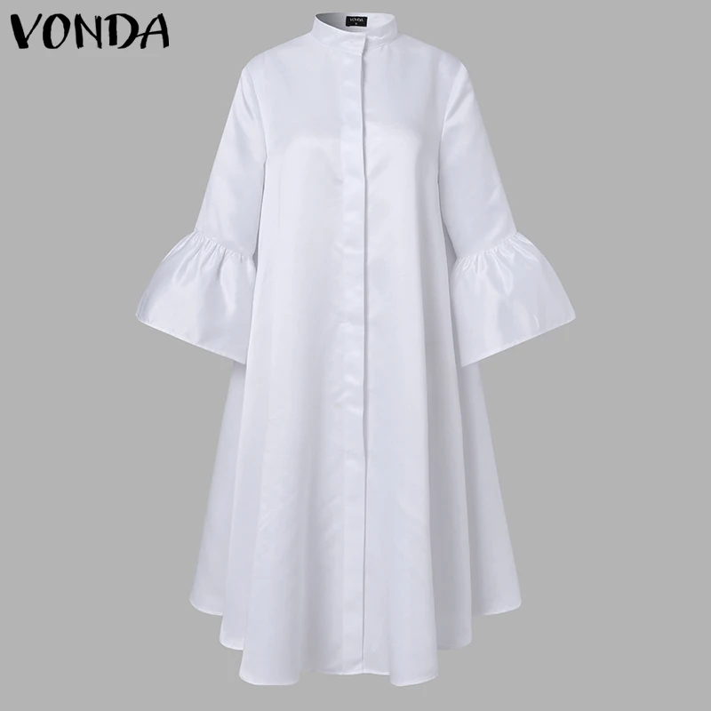 

Summer Knee-Length Dress 2021 Women Casual 3/4 Sleeve Stand Collar Short Dresses VONDA Button Down Cocktail Party Vestidos