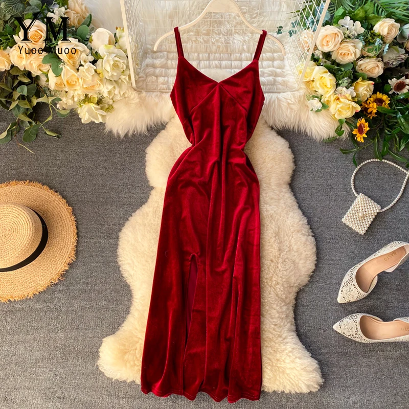 YuooMuoo элегантное винтажное платье с разрезом спереди на тонких бретелях осенне