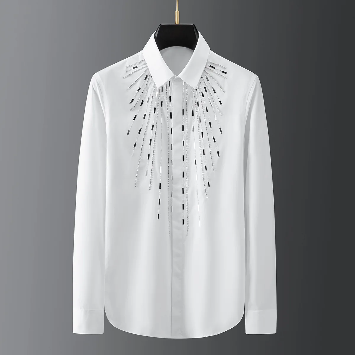 2021 High Quality Handmade Geometric Metal Sheet Sewing Mens Shirts Personality Long Sleeve Luxury Shirt Social Chemise Homme