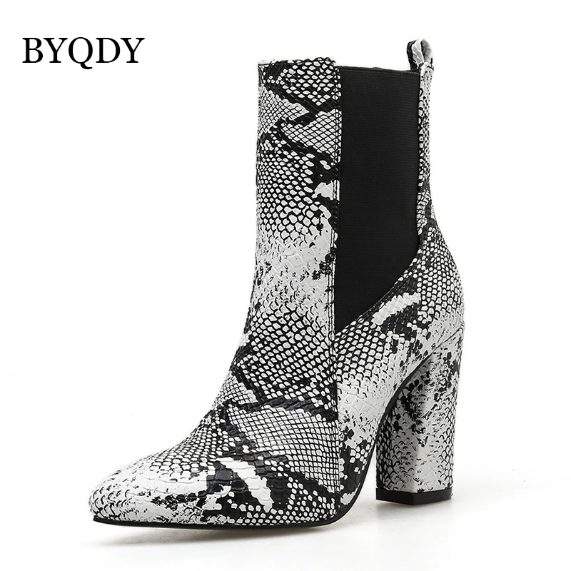 BYQDY Chunky Heel Women Ankle Boots Sexy Pointed Toe Shoes Woman Party High Runway Chelsea Boot Animal Print Large Size 42 | Обувь
