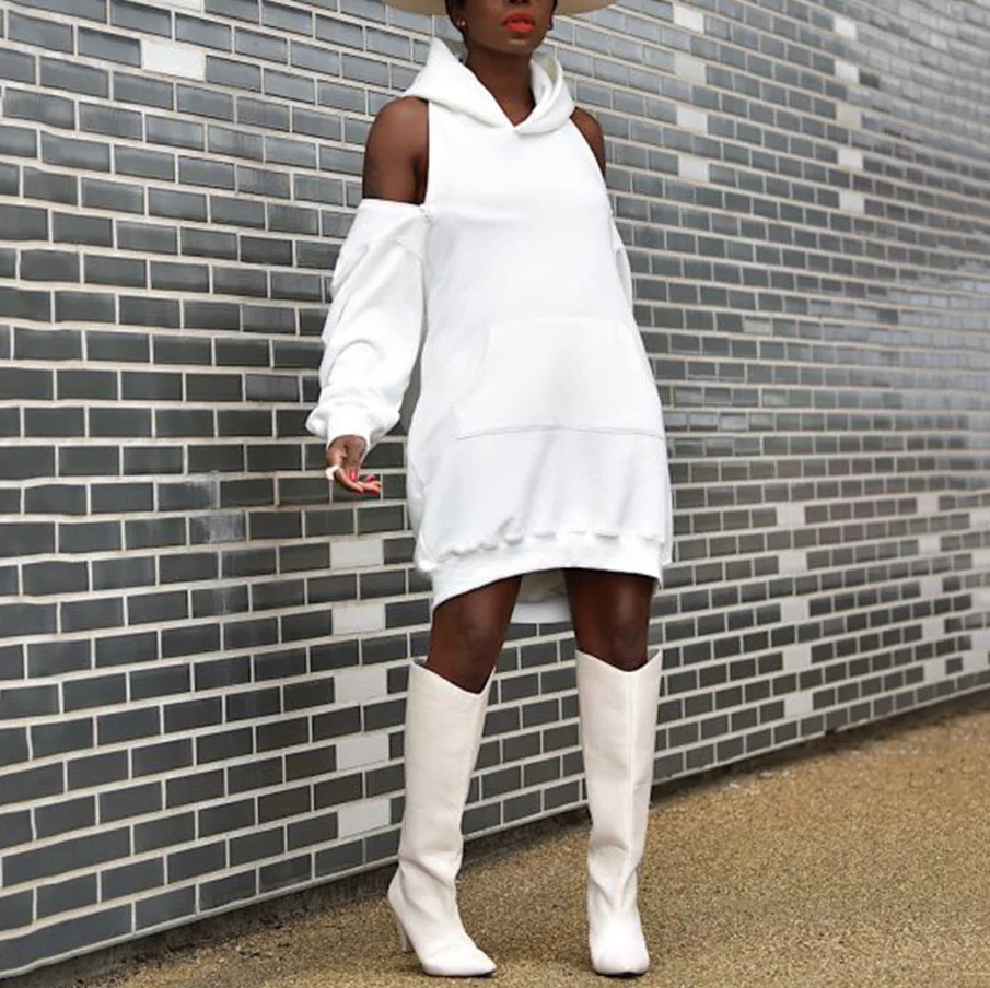 

2021 New African Long Hooded Hoodies White Cold Shoulder Backless Loose Sexy Fashion High Street Wear Clothes Tops Hoodies Hot