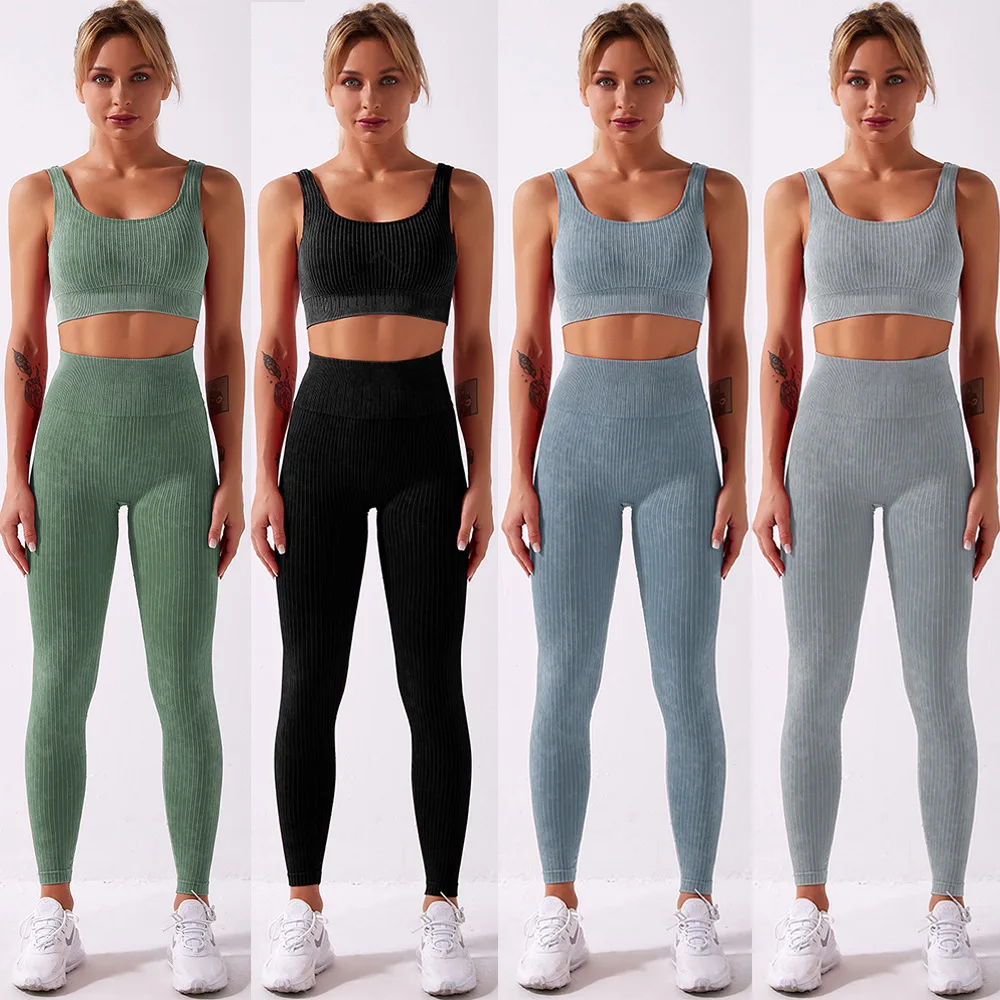 

High-Quality Two Piece Yoga Set Women Fashion Striped Sports Bra Fitness Running Workout Knitting Seamless Leggings Gym Clothing