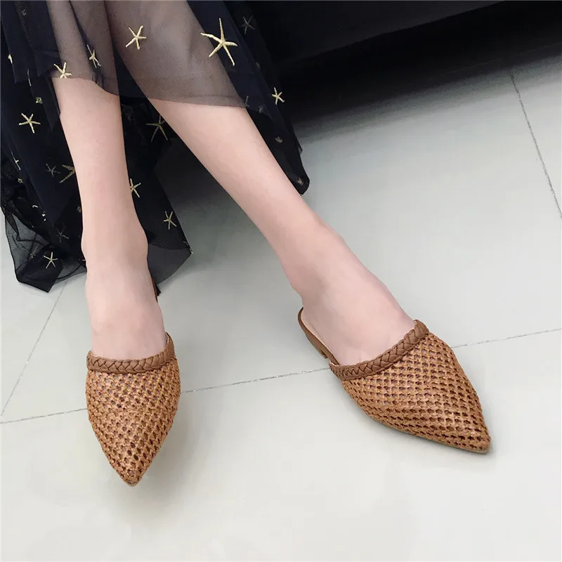 

Women's Pointed Low Heel Slippers Summer Cane Woven Rattan Grass Sandals Beach Shoes Women's Slippers Flat Shoes Slides