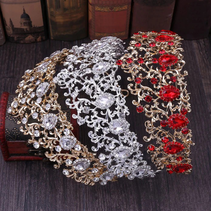 Большой винтажный барокко Роскошный Красный Кристалл Свадебная Корона тиары
