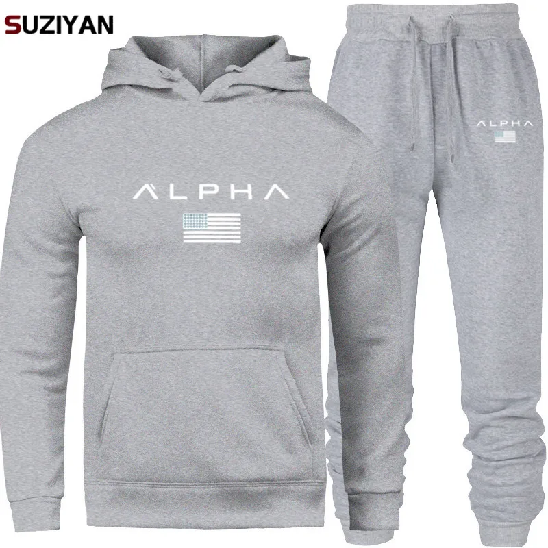 Мужские наборы с принтом Alpha Sweatsuit, спортивный костюм, брендовый спортивный костюм, спортивный костюм, Большой размер, мужская спортивная одежда, куртки с капюшоном и штаны - Цвет: SET04-ALPD