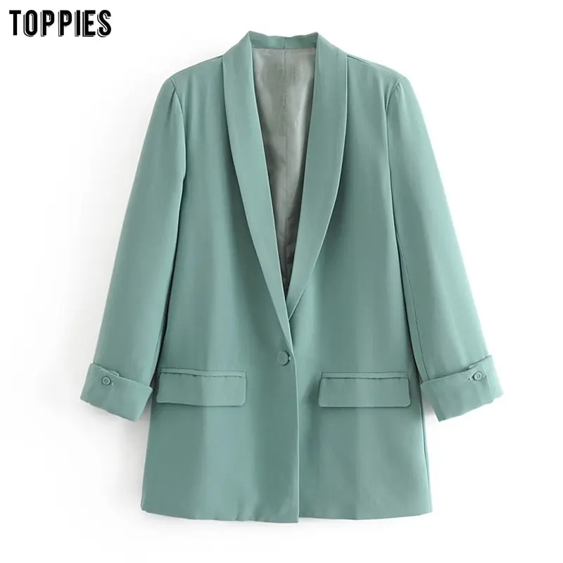 

Toppies 2021 Women Long Jacket Rolled Sleeve Blazer Femenino Suit Single Button Chaquetas White Coat