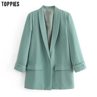 toppies 2021 women long jacket rolled sleeve blazer femenino suit single button chaquetas white coat