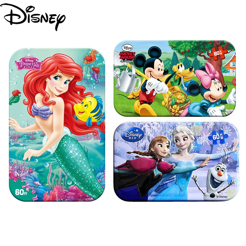 

Original Disney Mickey and Snow Princess Early Education Tin Box 60 Pieces Wooden Children's Puzzles Children's Educational Toys