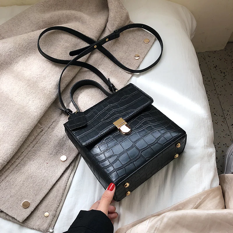 Черный Vintage Fashion Stone pattern Tote bag New High Quality PU Leather Women's Designer Handbag Lock Shoulder Messenger Bag - Цвет: Черный