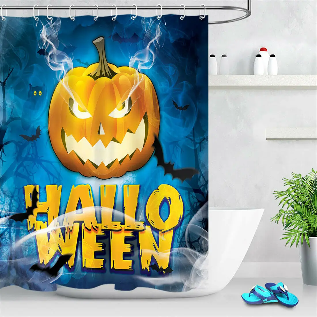 

Halloween Horror Pumpkin Bathroom Shower Curtain Set Waterproof Fabric