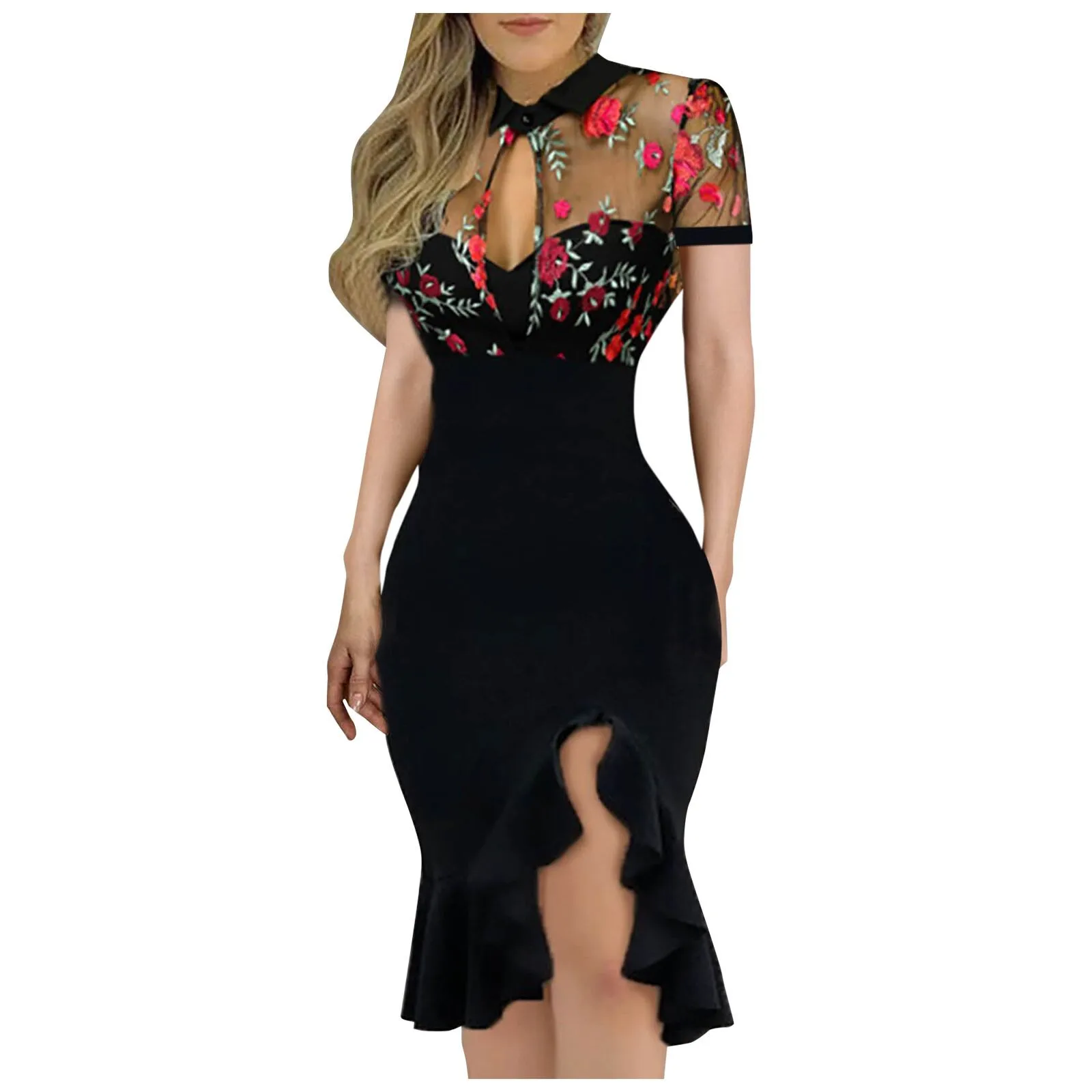 

Lace Floral Embroidery Dress Women Sexy Split Slit Ruffles Hem Slimming Short Sleeve Evening Party Dresses Elegant Robes Платье