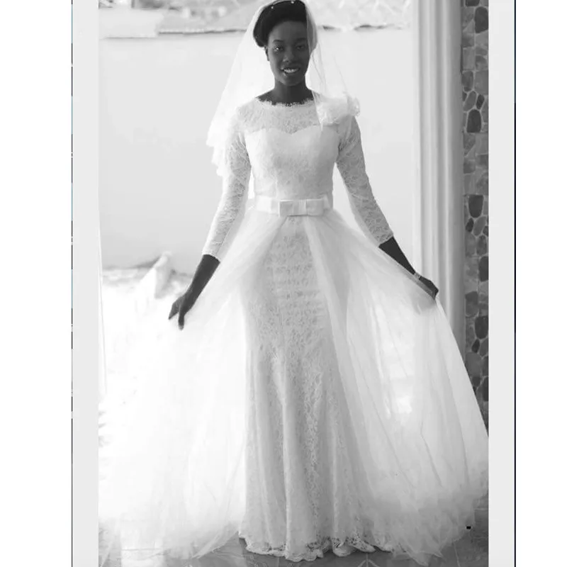 Africa White Lace Mermaid Muslim Wedding Dresses 2019 3/4 sleeves Detachable Train Gowns Bride Dress robe de mariee | Свадьбы и