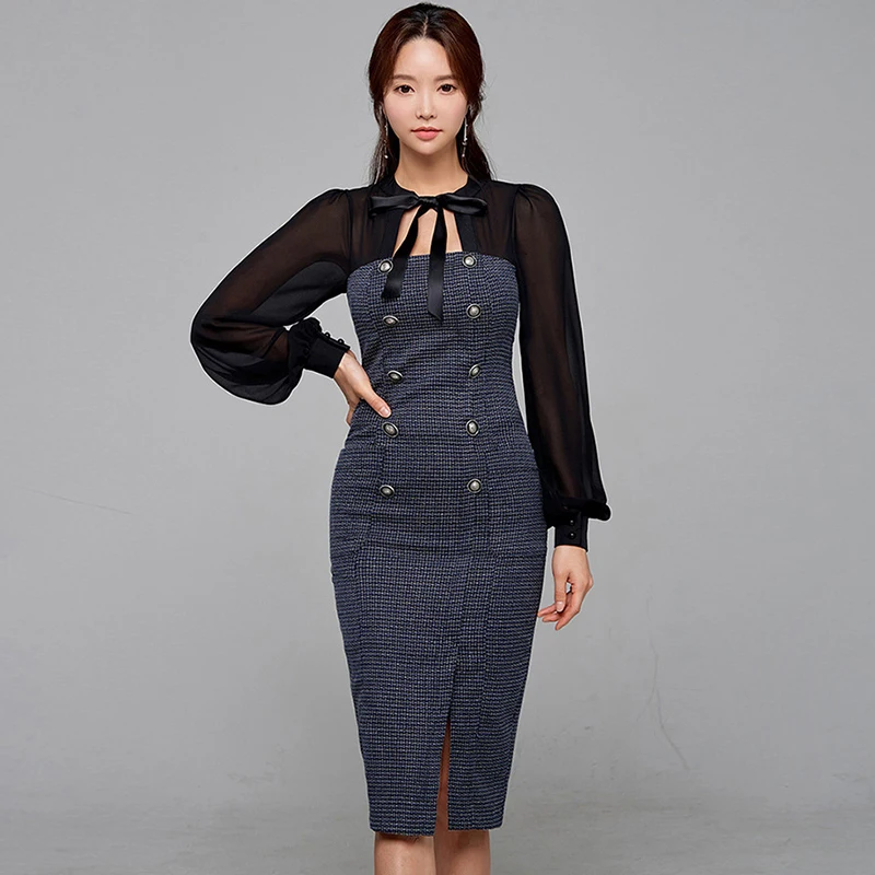 

Женское шифоновое платье-карандаш, элегантное весеннее платье в стиле пэчворк с прозрачными рукавами