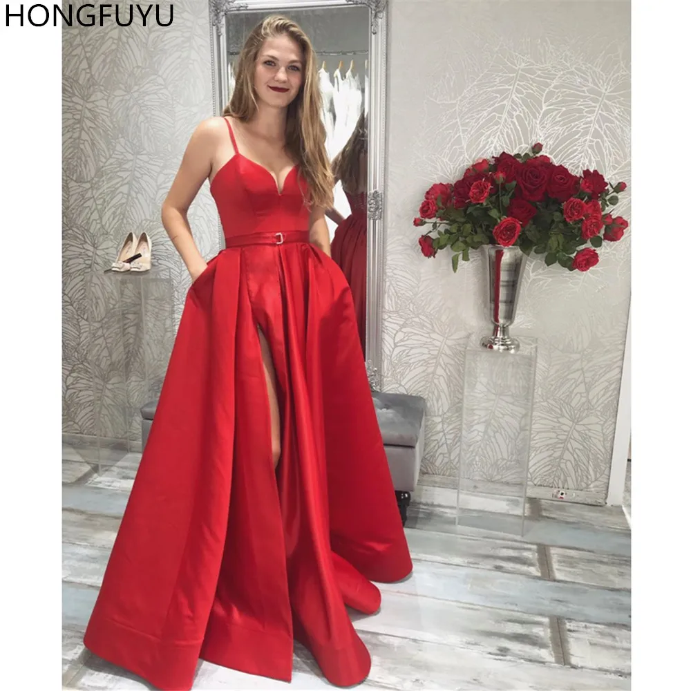 HONGFUYU атласные без рукавов Длинные Дешевые вечерние платья с разрезом формальное