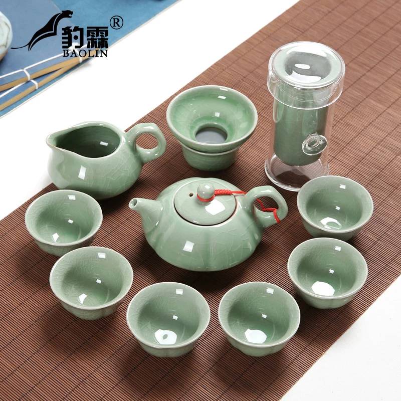 

Outdoors Ceramic 11 Pcs Chinese Kung Fu Tea Set Portable Green Porcelain Cup Theiere Ceramique Home Tea Set Hot Sale New MM60CJ