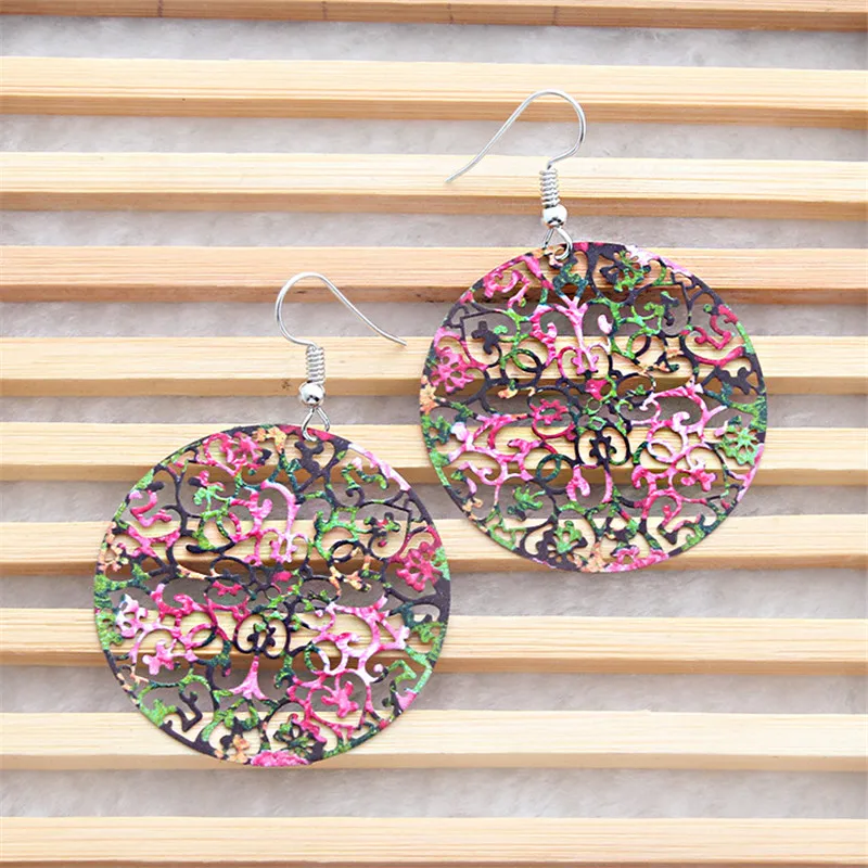 Трендовые красочные круглая филигрань серьги для женщин полый цветок Силуэт