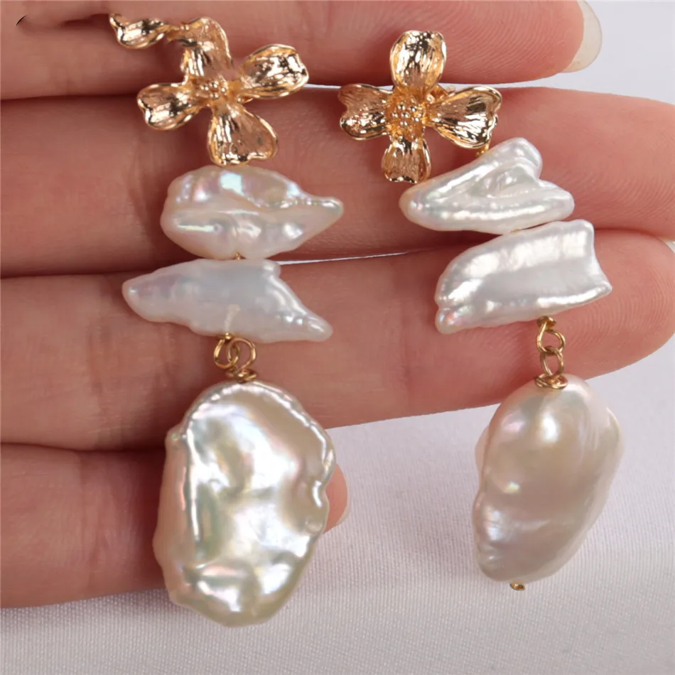 

Natural White Baroque Pearl Earring petals 18KGP Ms gift Real Jewelry Fashion AAA Gift Classic Mesmerizing Wedding Flawless